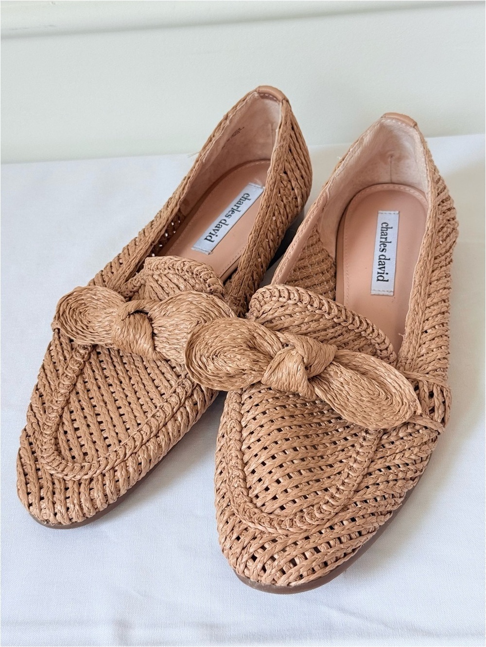 Charles David Woven Raffia Bow Loafers Beige Tan Slip On Flats Women's 10M - Picture 2 of 9